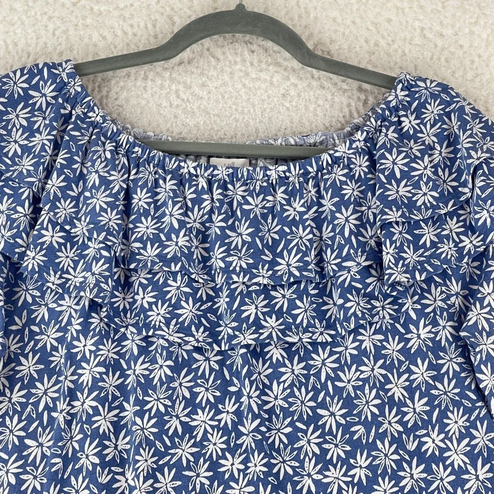 J. Jill Blue Floral Print Off the Shoulder Shirt‎ Womens Long Sleeve Size Large